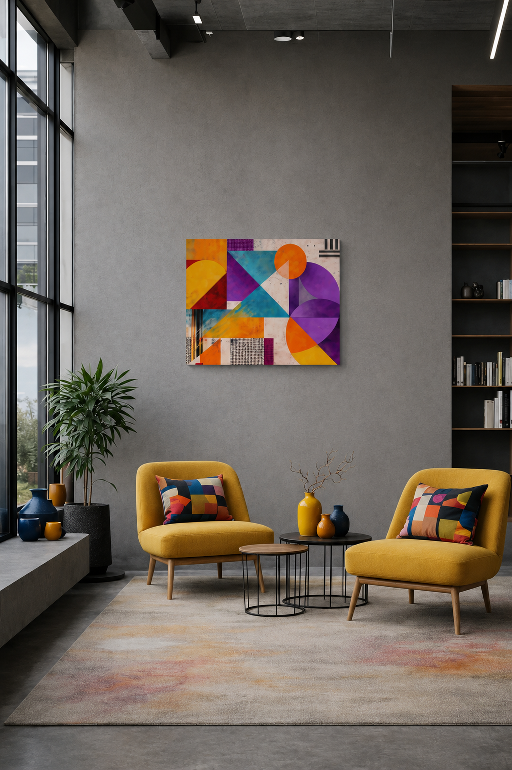 Industrial loft lounge with mustard accent chairs, concrete walls and colorful geometric abstract canvas artwork