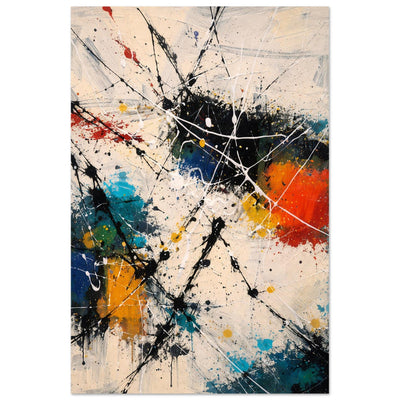 Global Pulse modern abstract wall art poster with black splatter lines and blue, orange, yellow and red accents on a cream background