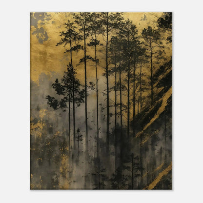 Golden Forest canvas print showing slender trunks rising through the golden haze