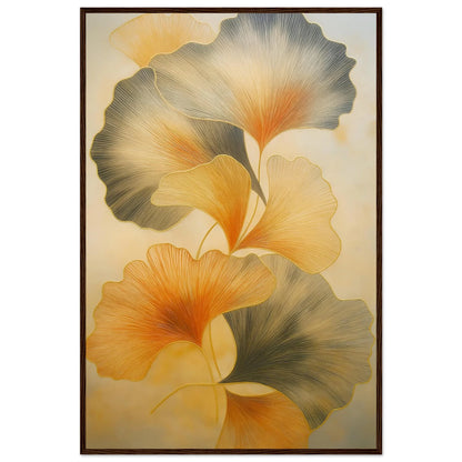 Golden Harmony botanical print in a dark brown wooden frame, showing the fine vein lines of the ginkgo leaves.