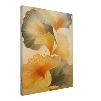 Golden botanical canvas art hanging in a calm bedroom interior