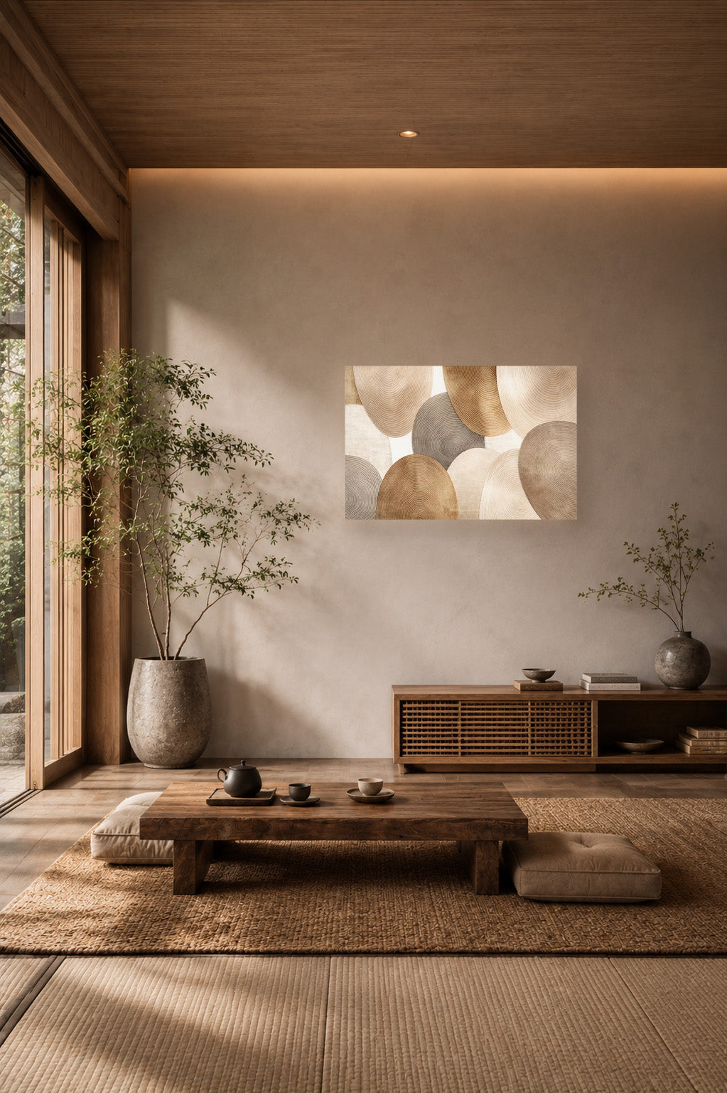 Minimalist neutral living room with warm beige tones, wooden coffee table and abstract canvas wall art featuring layered earth-tone circular shapes above a floating wood console.