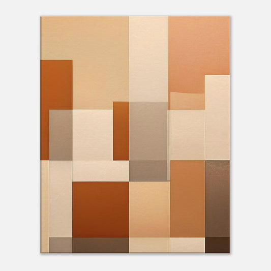 Modern neutral geometric abstract canvas wall art featuring layered shapes in warm beige and golden tones