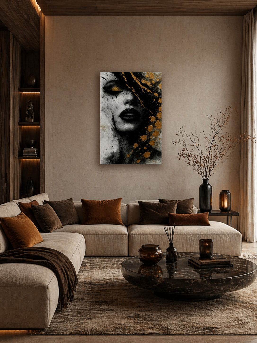 Black and gold abstract woman portrait canvas displayed above a curved beige sectional sofa in a warm modern living room with neutral decor and soft ambient lighting.