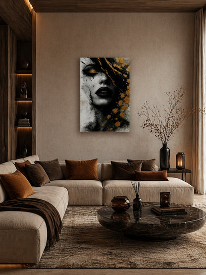 Golden Eclipse abstract portrait poster displayed above a curved beige sectional sofa in a warm modern living room with neutral decor and soft ambient lighting.
