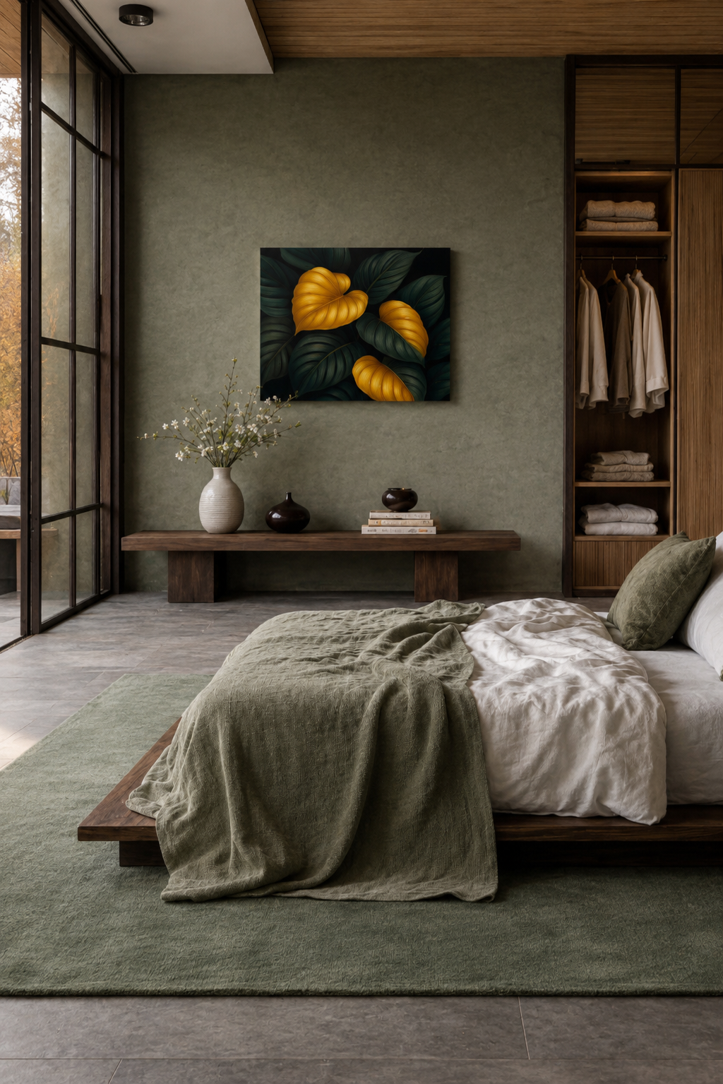 Contemporary bedroom mockup with golden botanical wall art displayed above a low bed in an earthy modern interior.