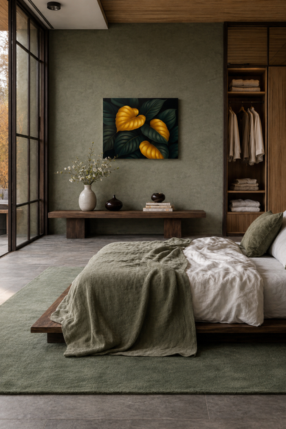 Lumina Leaves canvas above a low bed in an earthy modern bedroom