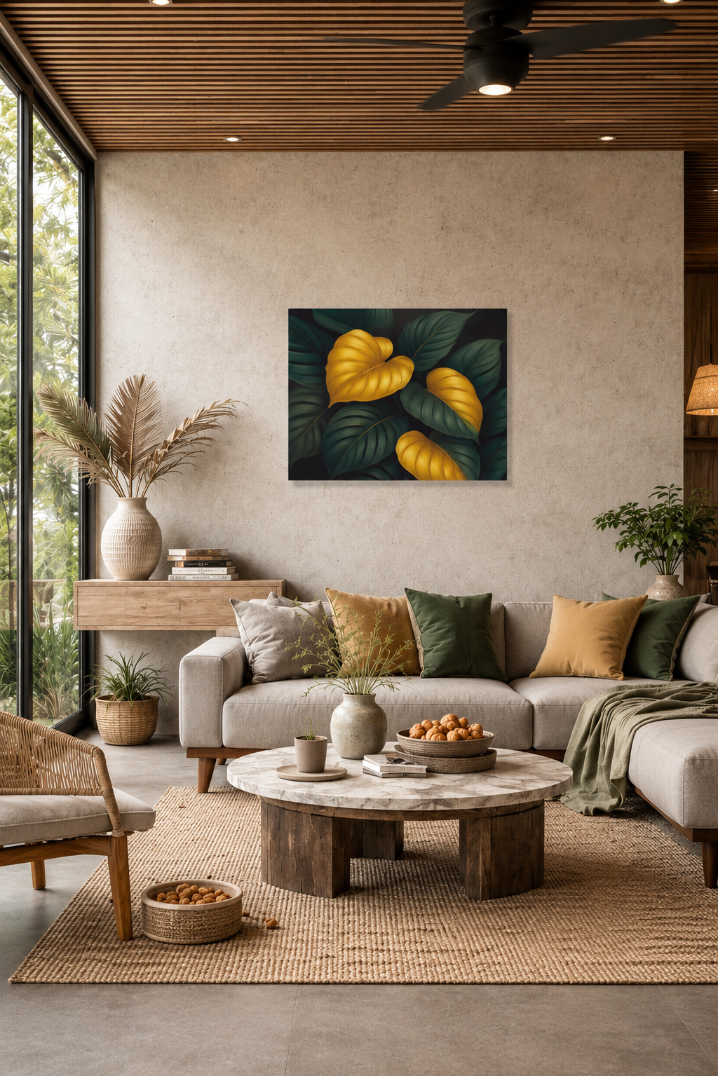 Cozy earthy living room mockup with golden botanical wall art in a bright natural interior with wood accents.
