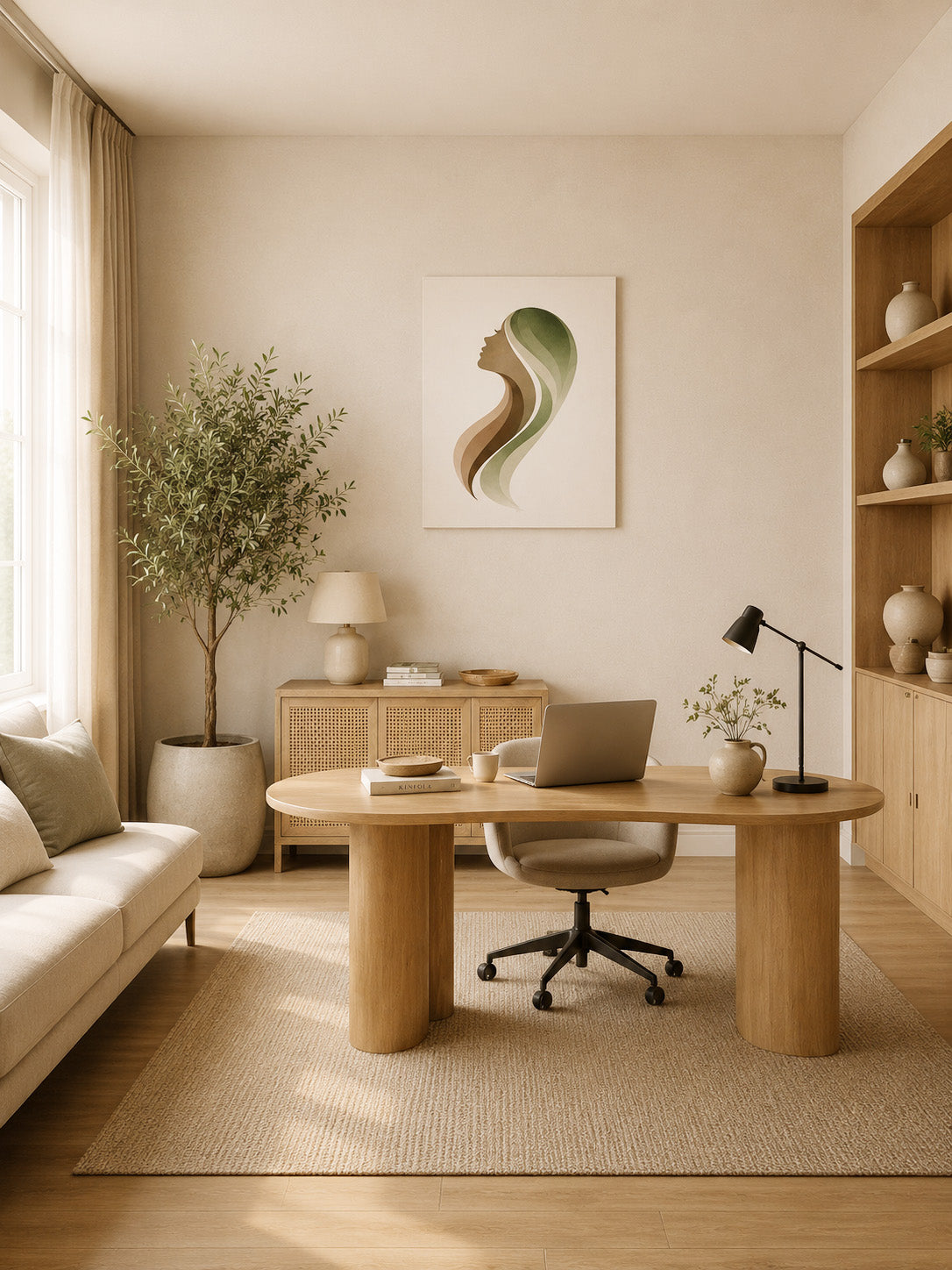 Modern neutral home office interior featuring abstract woman silhouette canvas artwork above desk, soft beige palette and Japandi styling.