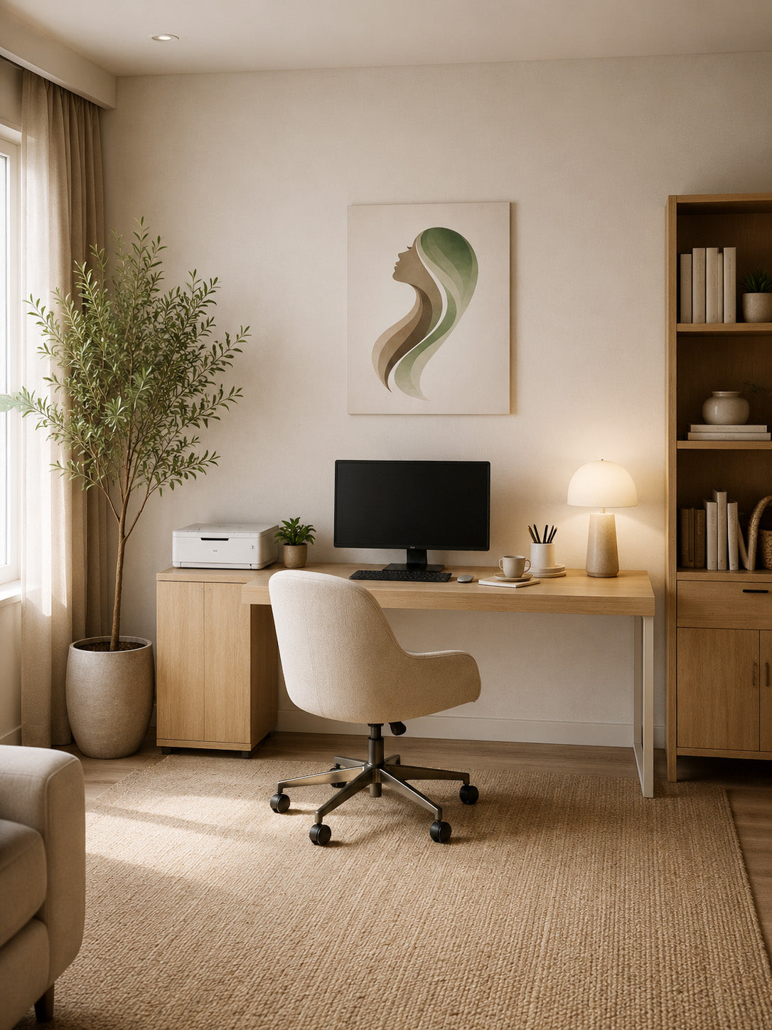 Cozy home office mockup with minimalist female silhouette canvas artwork above wooden desk, beige interior, natural textures and modern workspace styling.