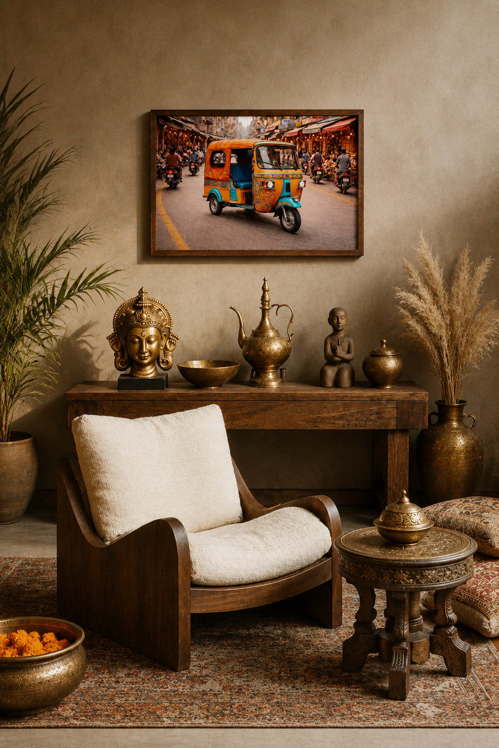 Tuk tuk market wall art with dark wood frame styled in an Indian-inspired interior with brass decor, wooden furniture and neutral tones.