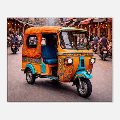 Indian rickshaw canvas print showing the decorated tuk-tuk against a lively street backdrop
