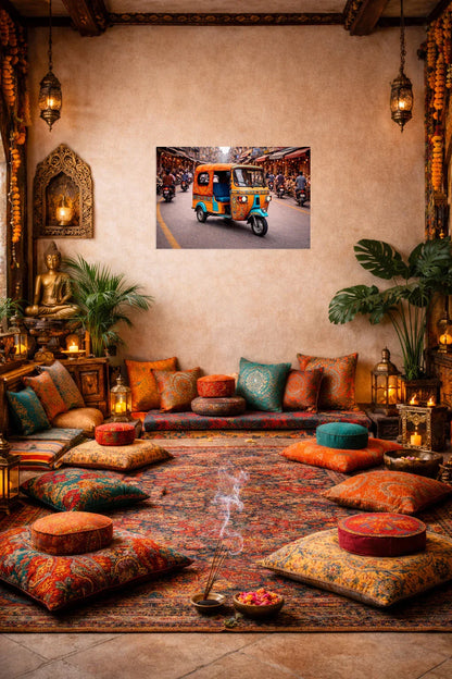 Indian Urban Soul tuk-tuk poster displayed on the wall of an Indian-inspired interior