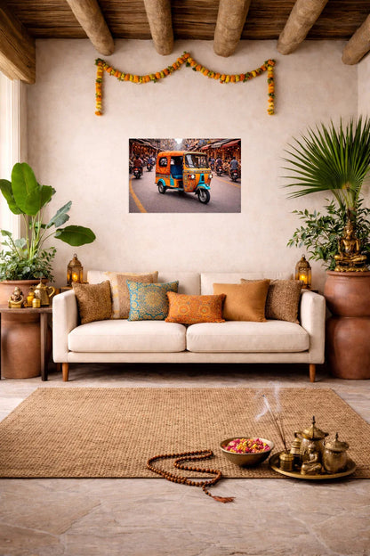 Indian Urban Soul tuk-tuk poster displayed in a warm minimalist interior
