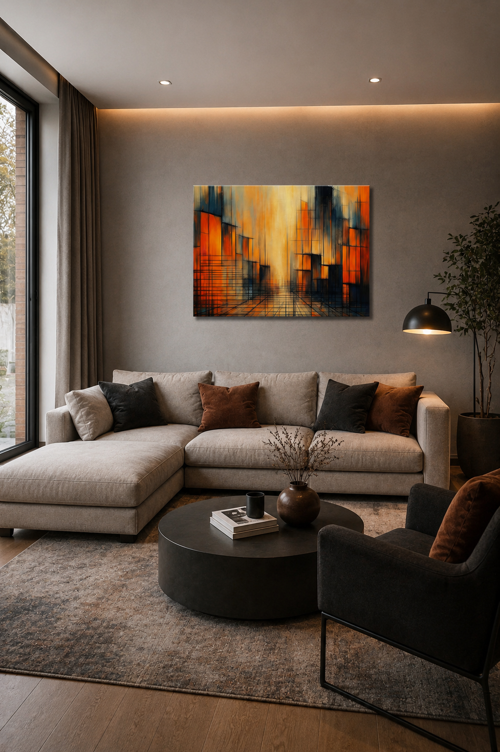 Abstract city canvas wall art displayed above a beige sectional sofa in a modern living room with warm ambient lighting and neutral decor.