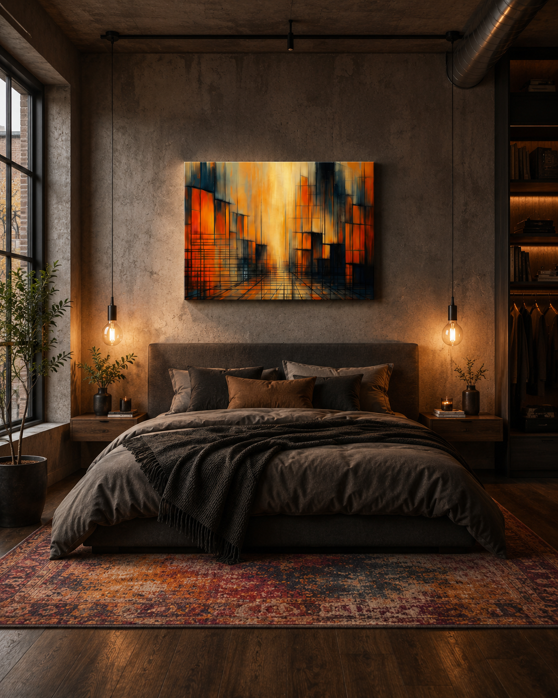 Modern industrial bedroom featuring a large abstract city canvas above the bed with dark textiles and warm lighting.