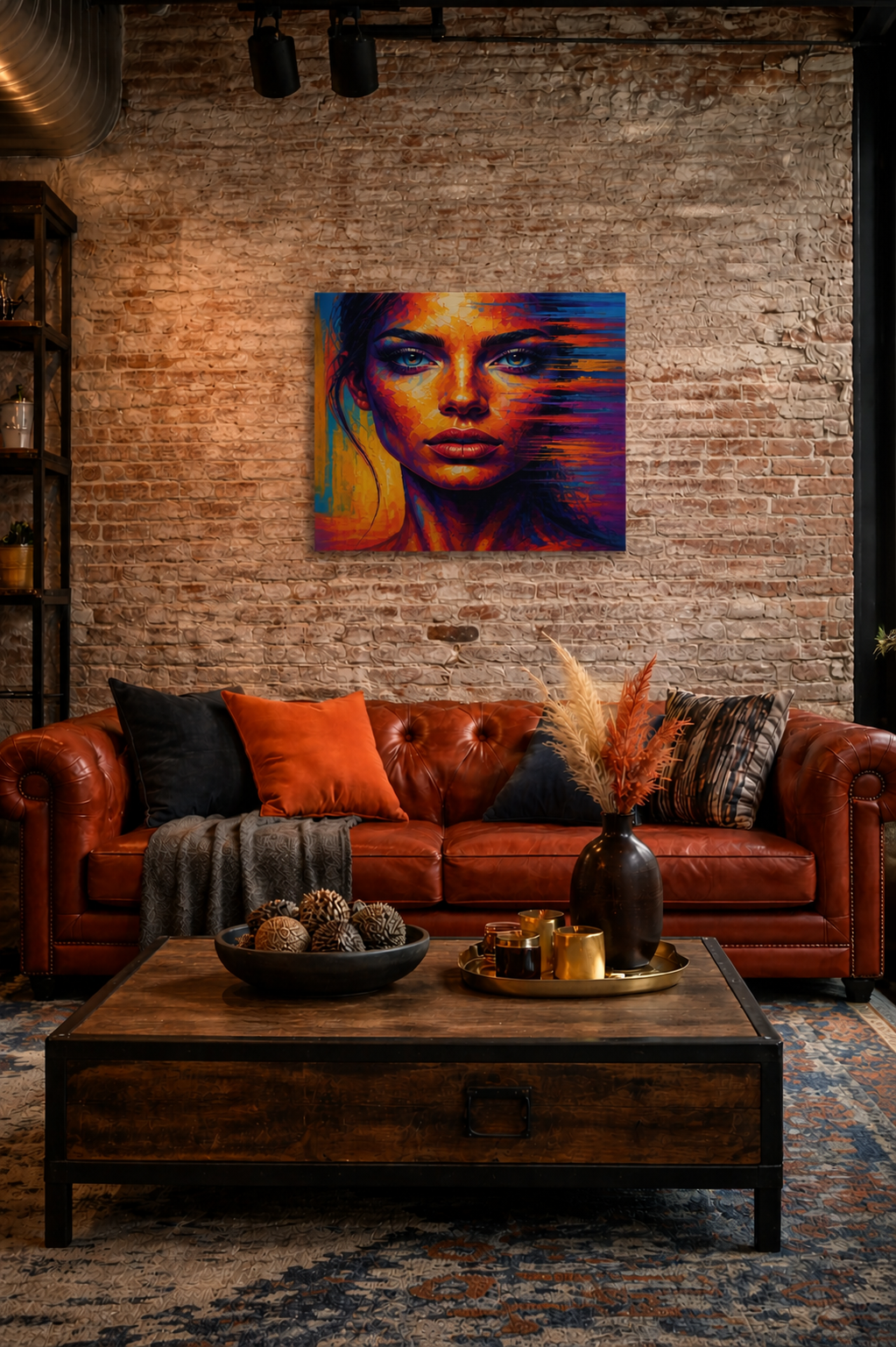 Modern colorful portrait canvas print displayed in an industrial loft living room with brick wall and leather sofa.