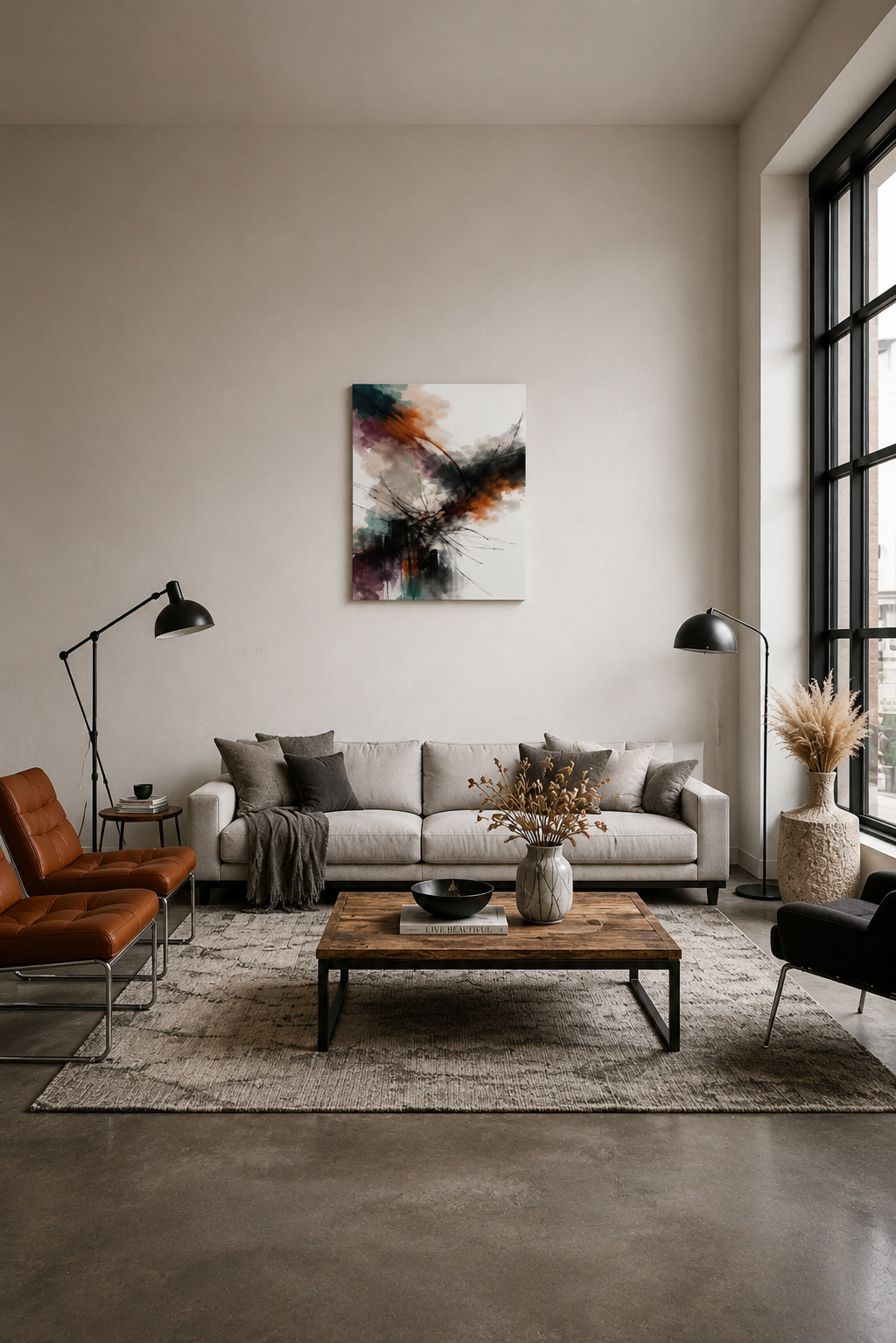 Contemporary living room mockup featuring abstract canvas artwork above sofa with earthy decor