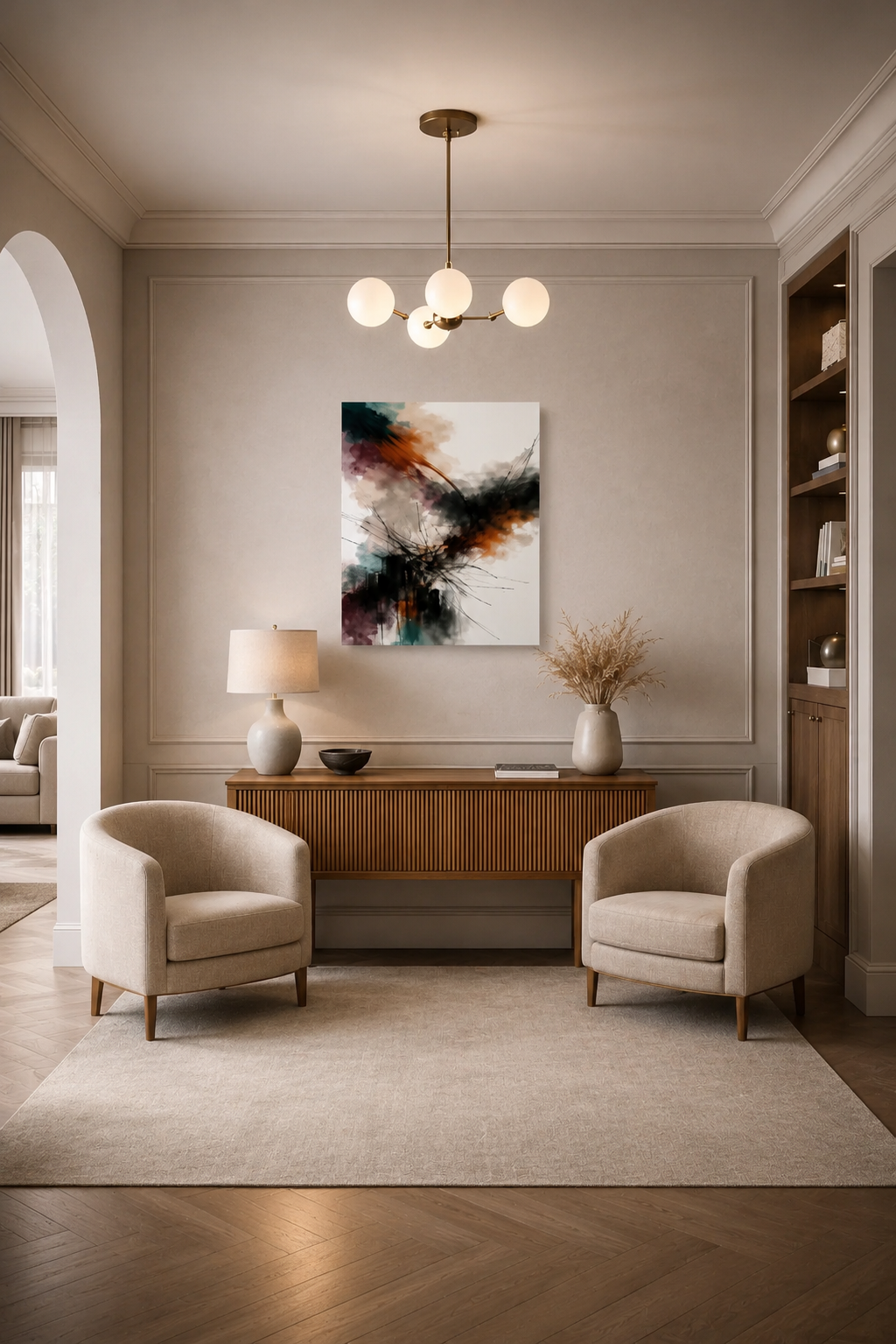 Modern neutral sitting room with abstract canvas wall art in warm minimalist interior