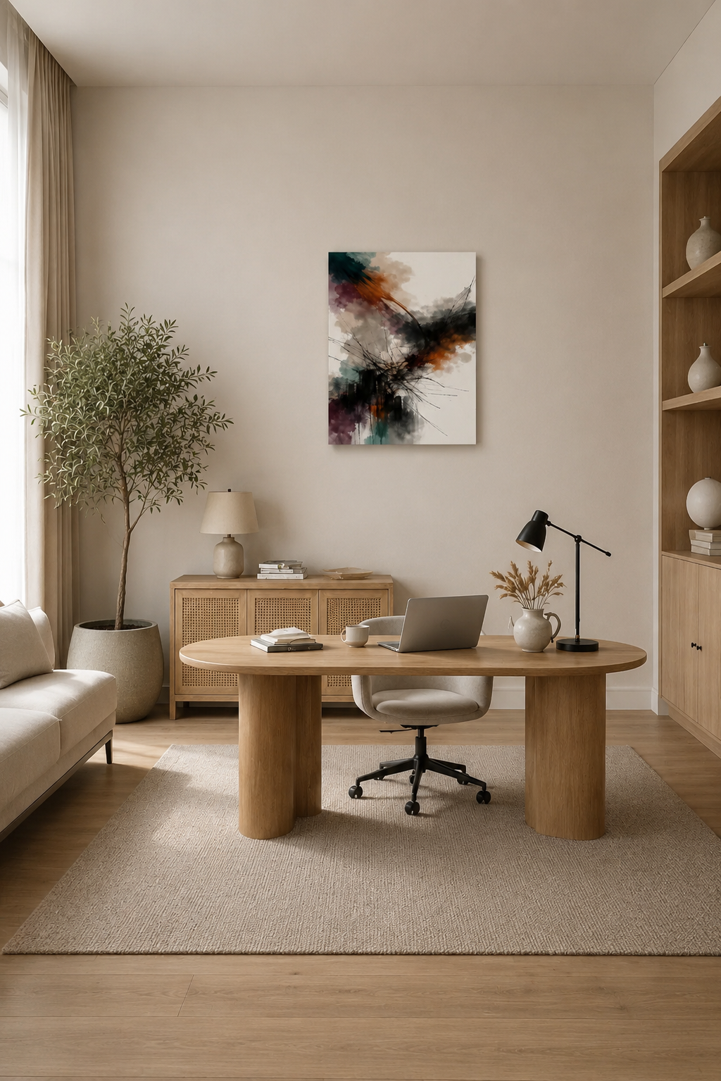Scandinavian style home office with abstract canvas wall art and light wood workspace