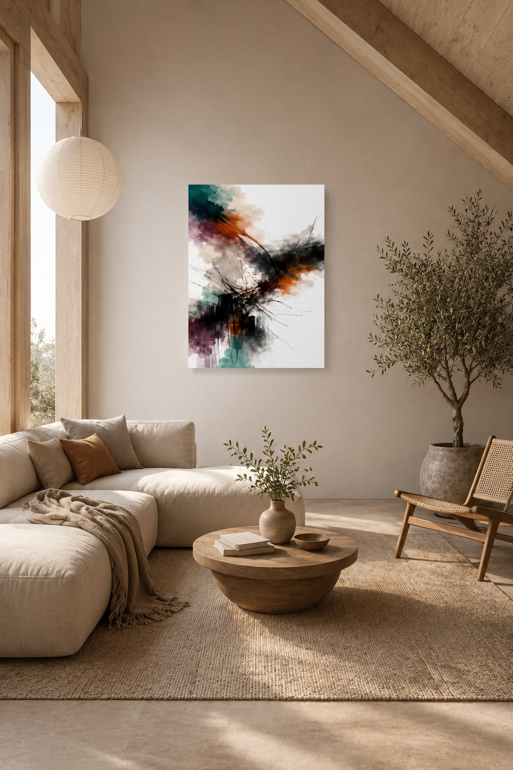 Cozy minimalist living room with large abstract canvas wall art, neutral tones, and natural textures