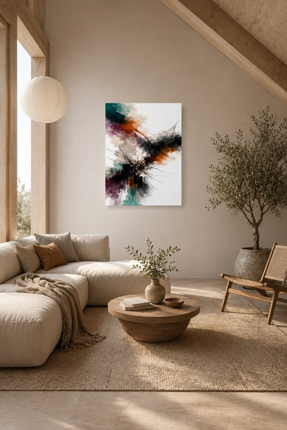 Cozy minimalist living room with large abstract canvas wall art, neutral tones, and natural textures