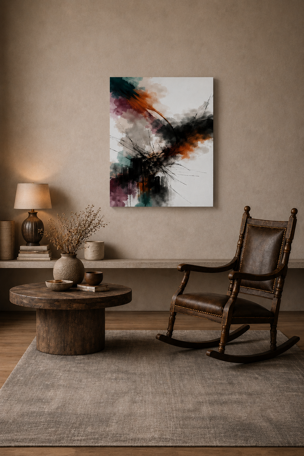 Minimal reading corner with abstract canvas wall art, wooden table and vintage rocking chair