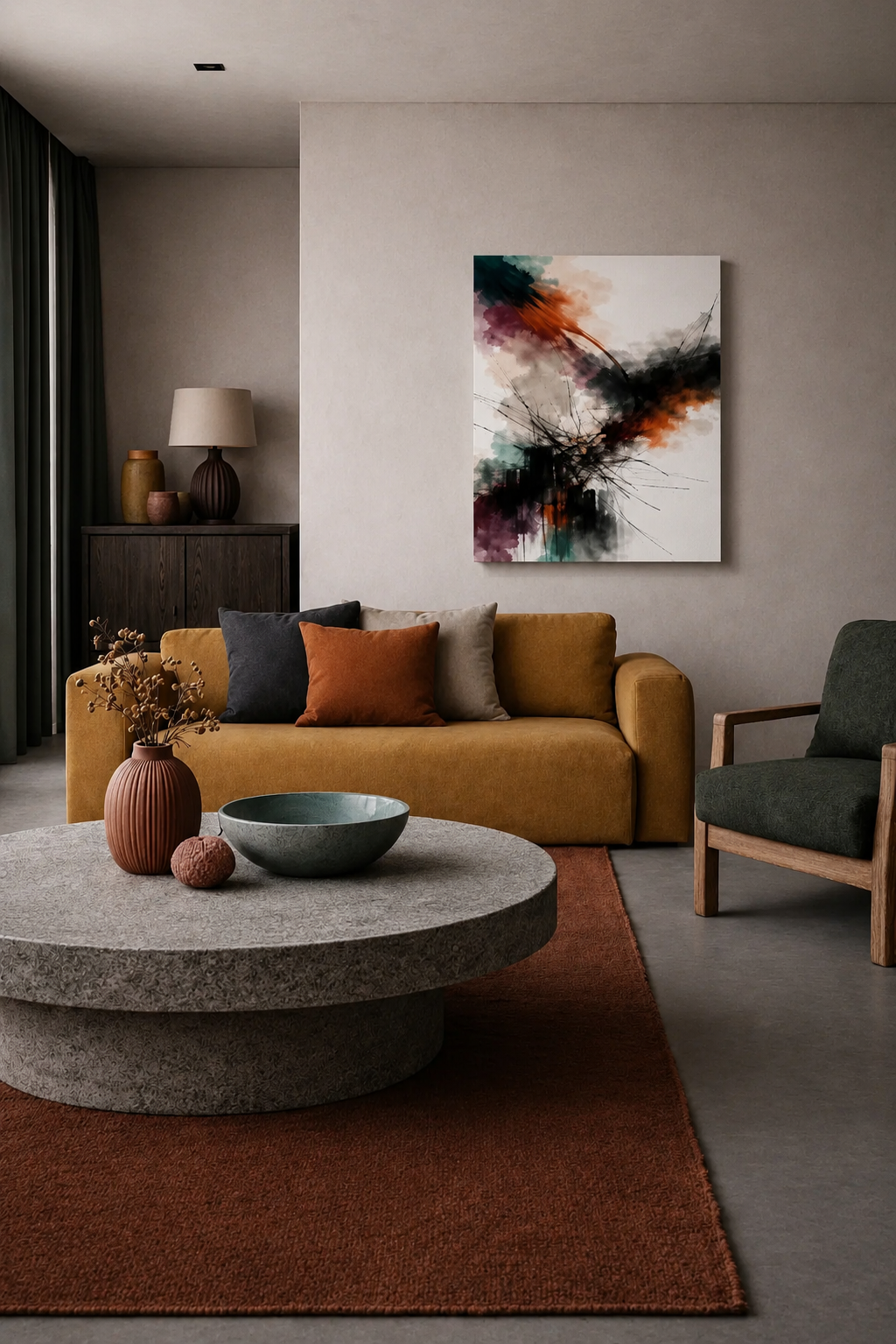 Cozy modern lounge interior with textured abstract canvas wall art and neutral furnishings