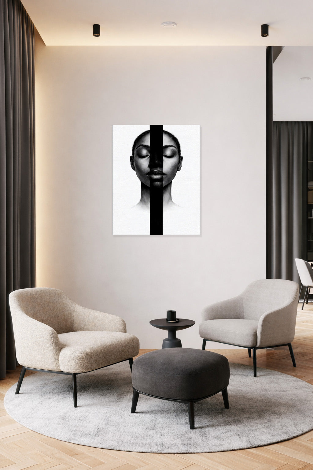 Minimalist lounge interior featuring monochrome portrait wall art