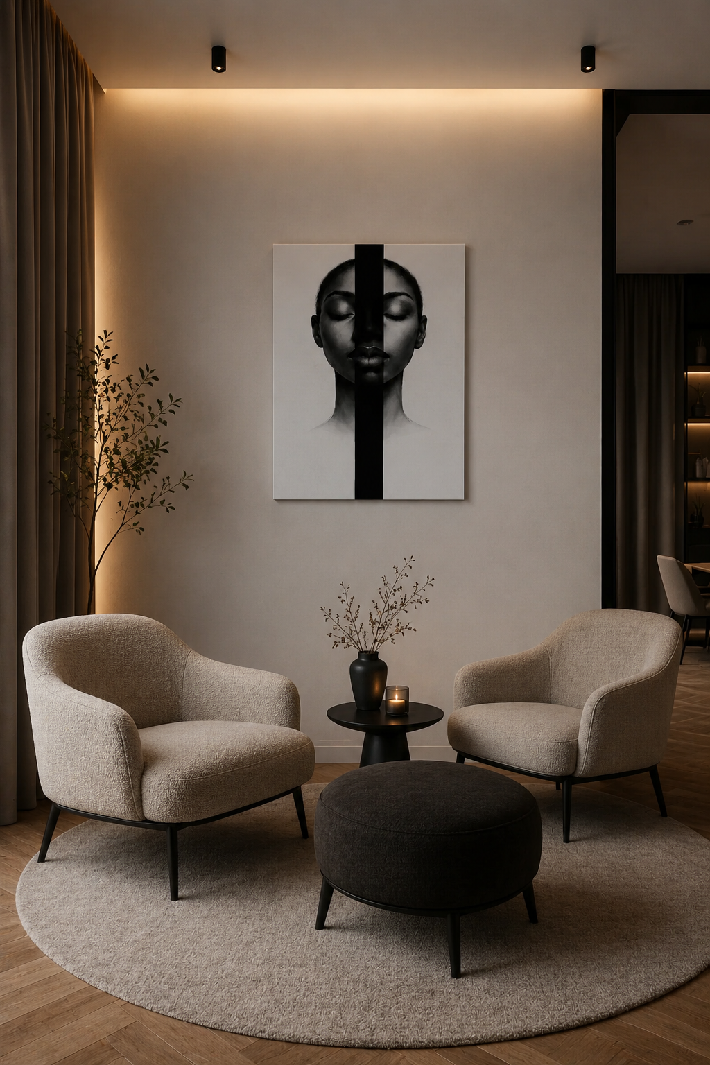 Black and white portrait canvas wall art displayed in a modern industrial loft living room with concrete walls, leather furniture, and large windows.