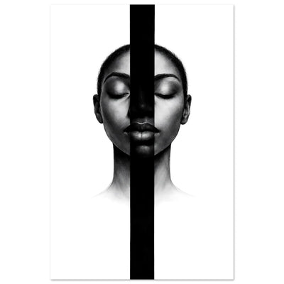 Inner Silence monochrome portrait wall art poster with a black vertical band running down the center of the face
