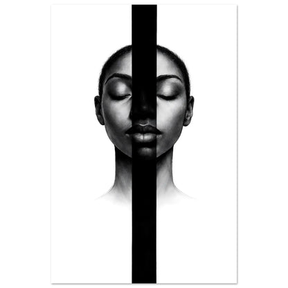 Inner Silence monochrome portrait wall art poster with a black vertical band running down the center of the face