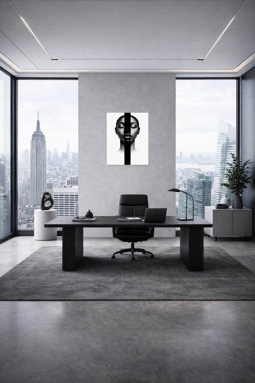 Modern office interior with minimalist monochrome wall art