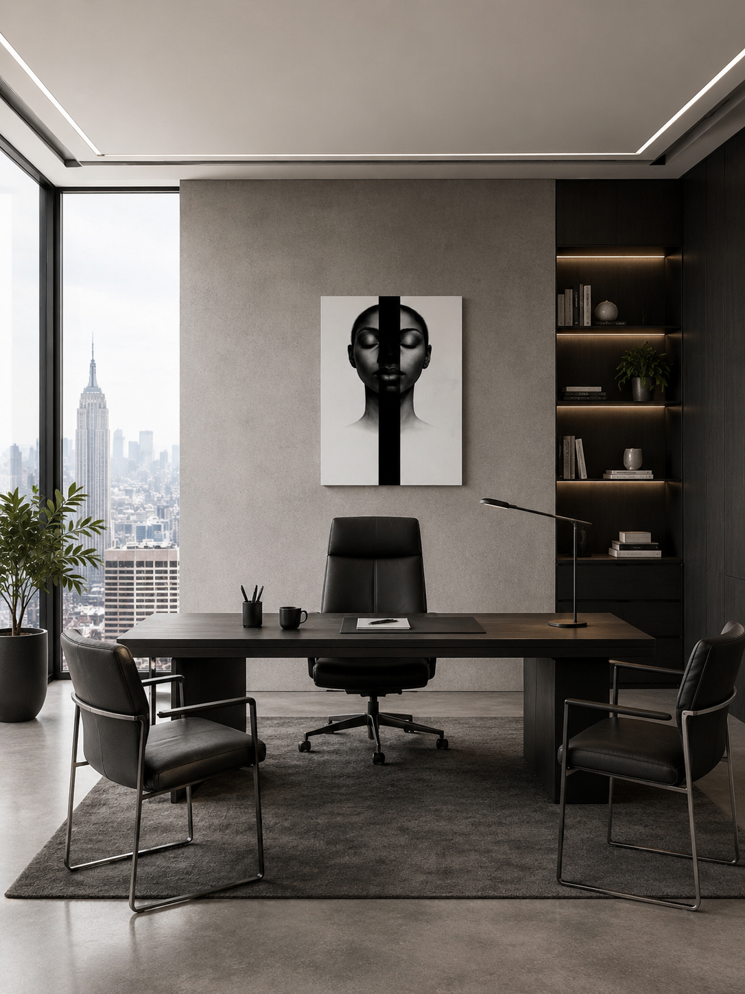Black and white portrait canvas hanging in a modern office with city views, dark furniture, and minimalist styling.