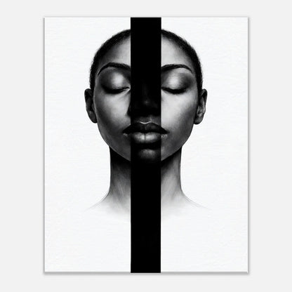 Inner Silence monochrome portrait canvas wall art with a black vertical band running down the center of the face
