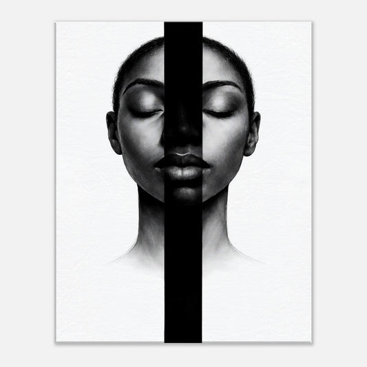 Minimalist black and white female portrait with vertical black line
