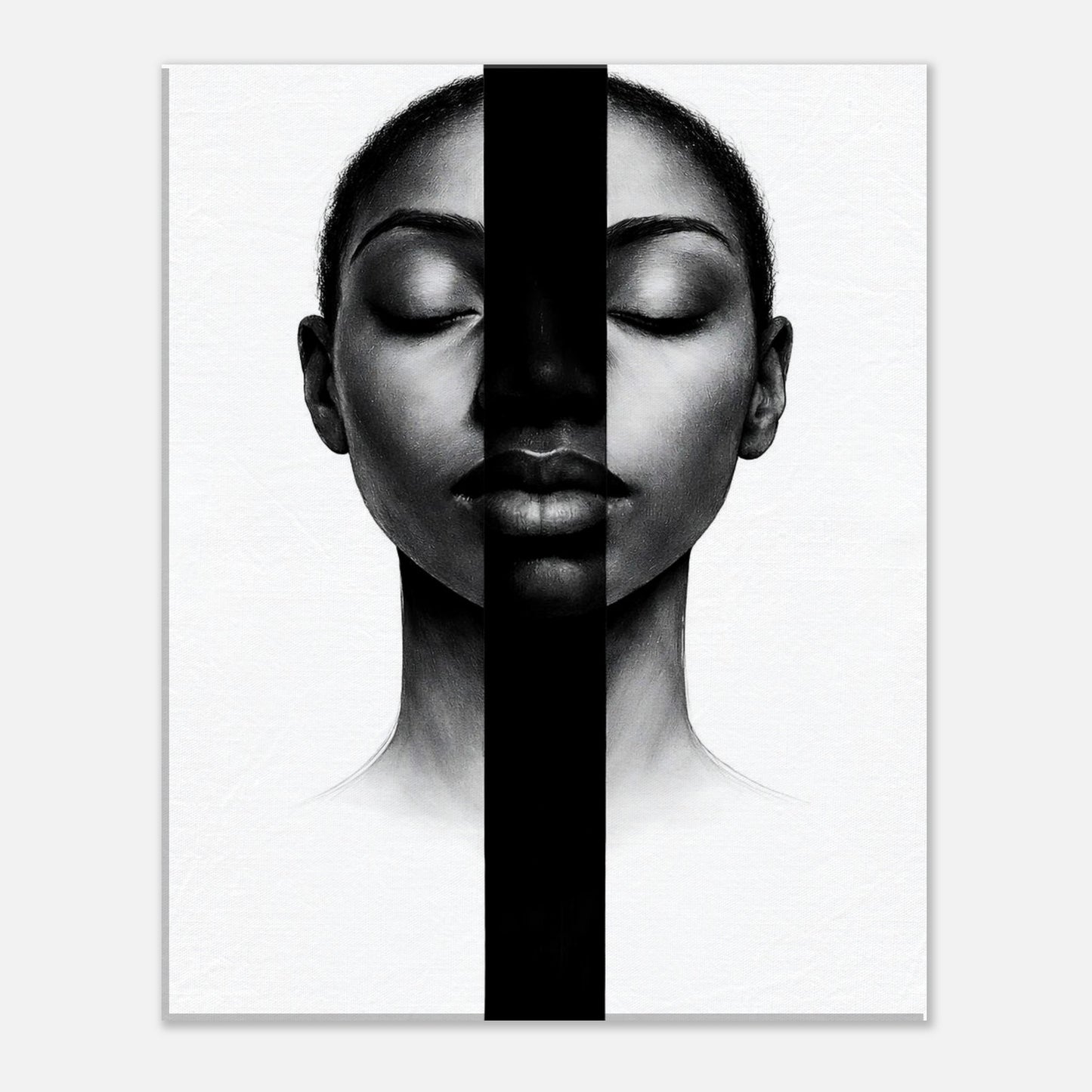 Black and white minimalist female portrait with bold vertical accent