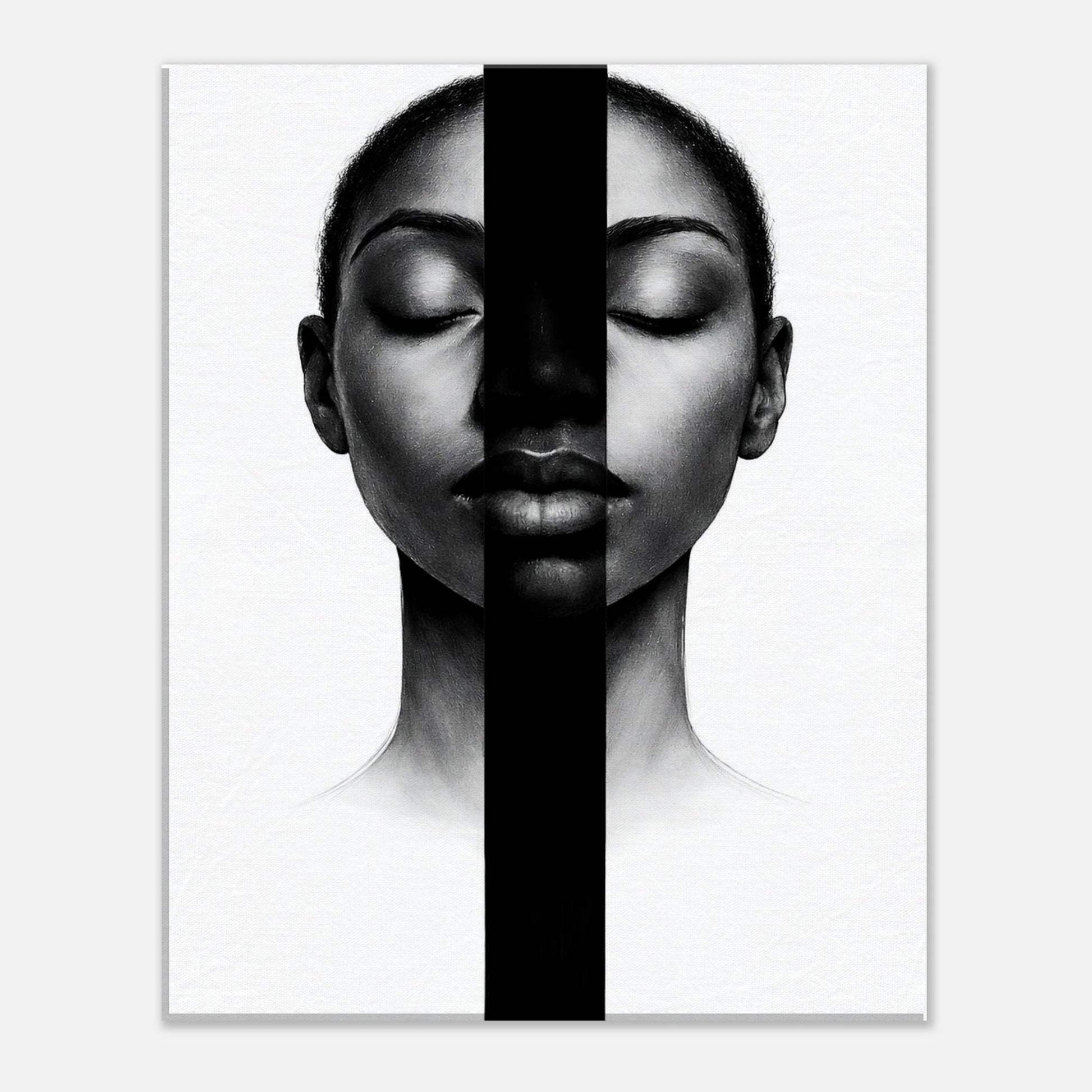 Black and white minimalist female portrait with bold vertical accent