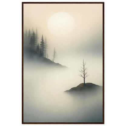 Island Of Quiet framed print in a warm oak frame, pale sun above fog and still water