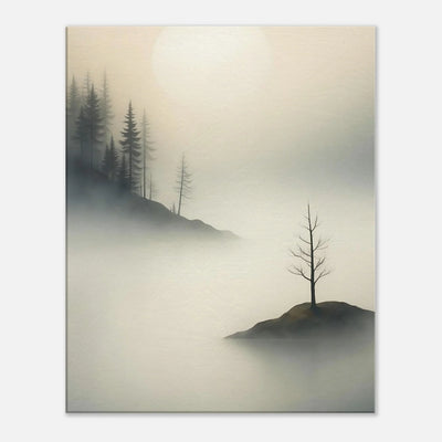 Island Of Quiet misty landscape canvas wall art with a bare tree on a small island and pine silhouettes fading into fog