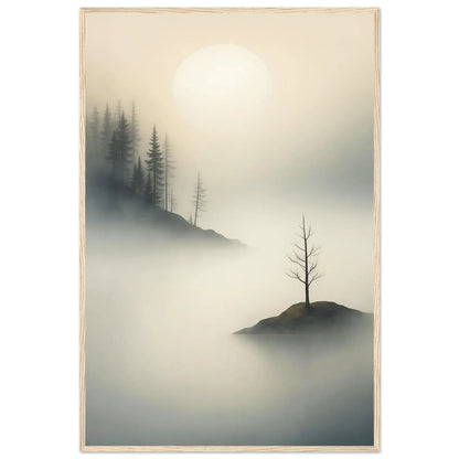 Island Of Quiet framed landscape print showing a dark slope of pines dissolving into grey mist