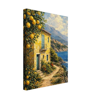 Detail of the Italy Seaside Retreat canvas showing the lemon branches and warm stone tones.