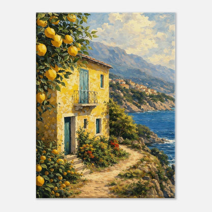 Italian coast canvas wall art with cliffside houses, terraces and the open sea.