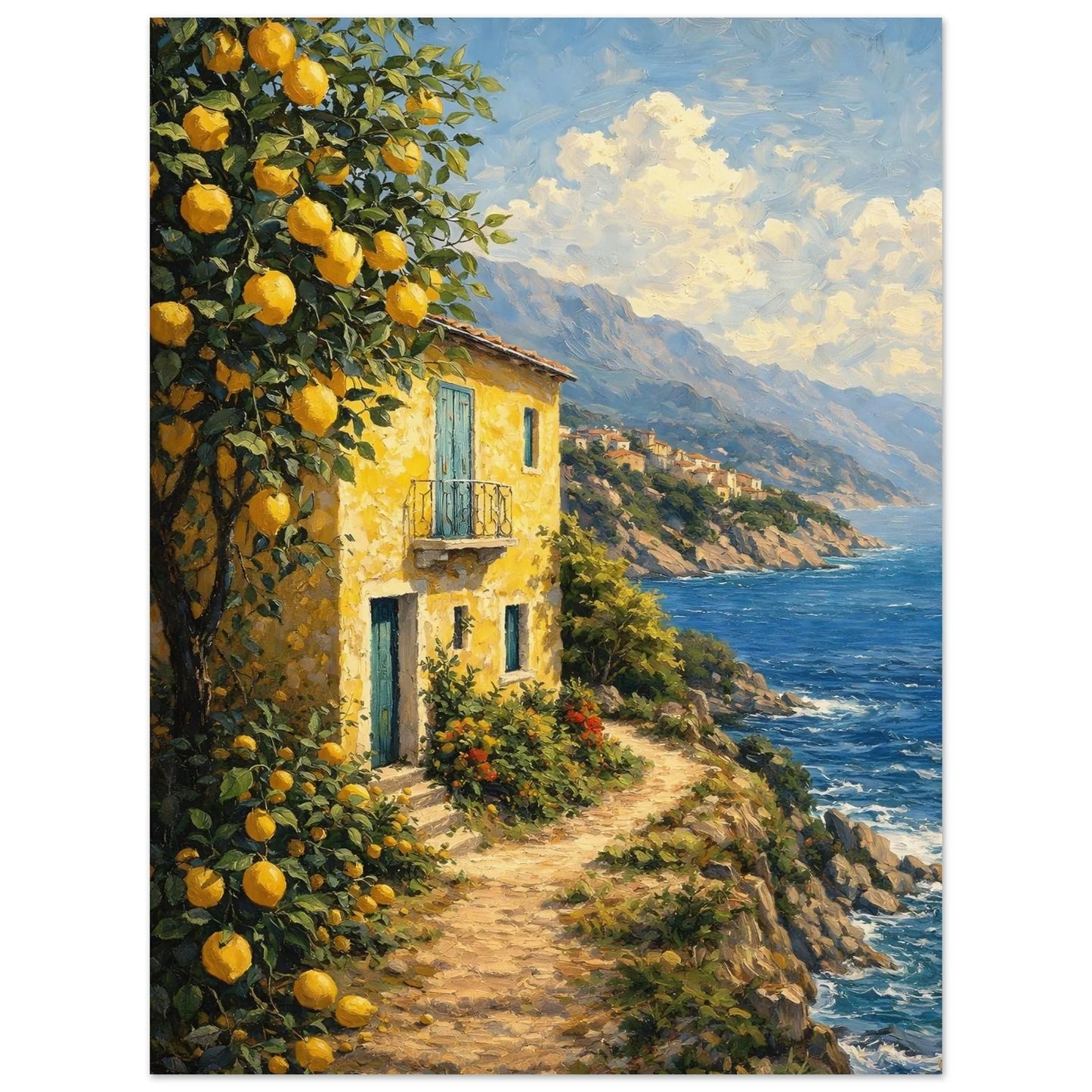 Italian coastal landscape poster of a lemon branch framing a warm yellow villa above the sea and distant mountains