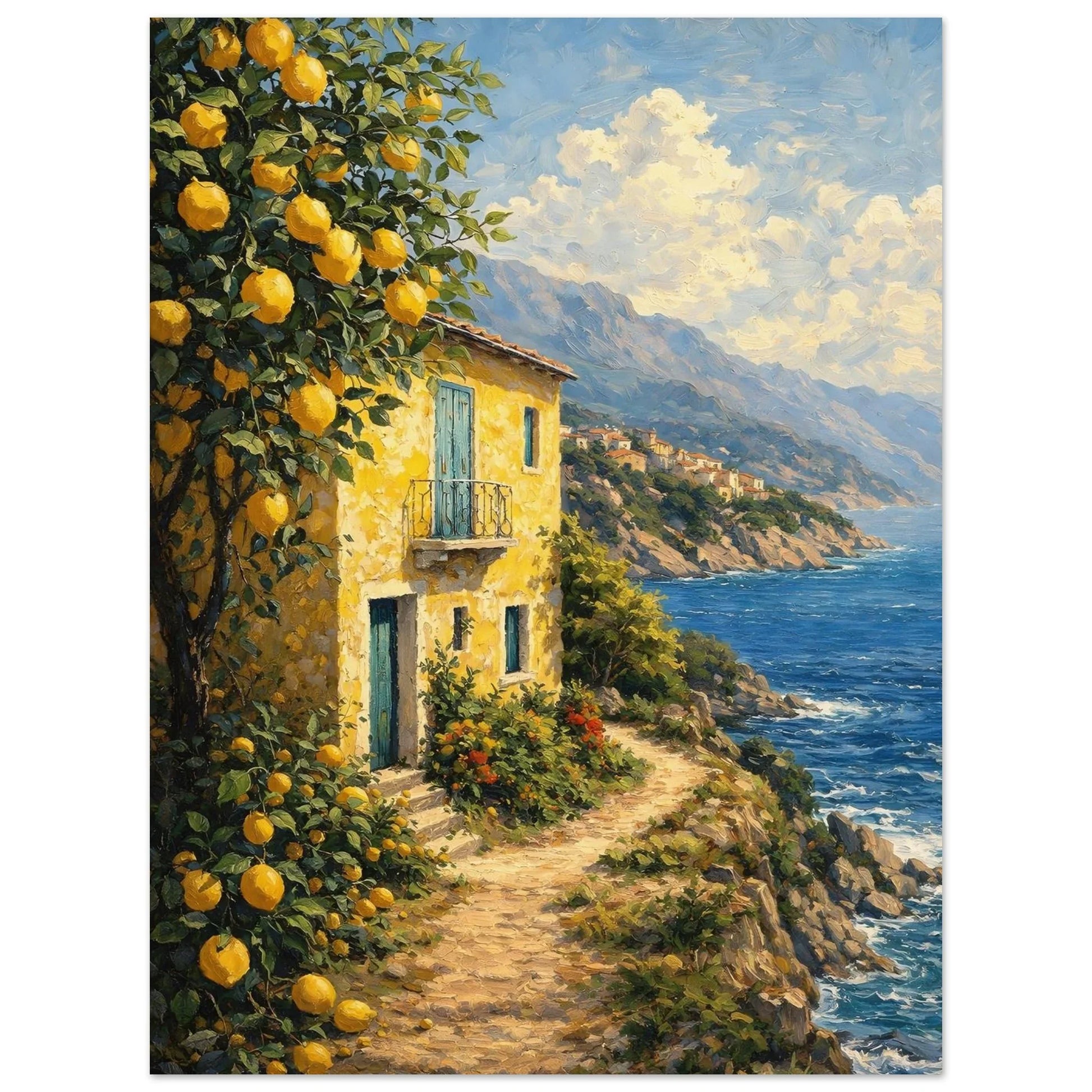 Mediterranean coast wall art poster with ripe lemons, a sunlit stone house and turquoise sea below the cliffs