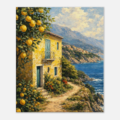 Mediterranean coastal canvas print showing the hillside village above turquoise water.