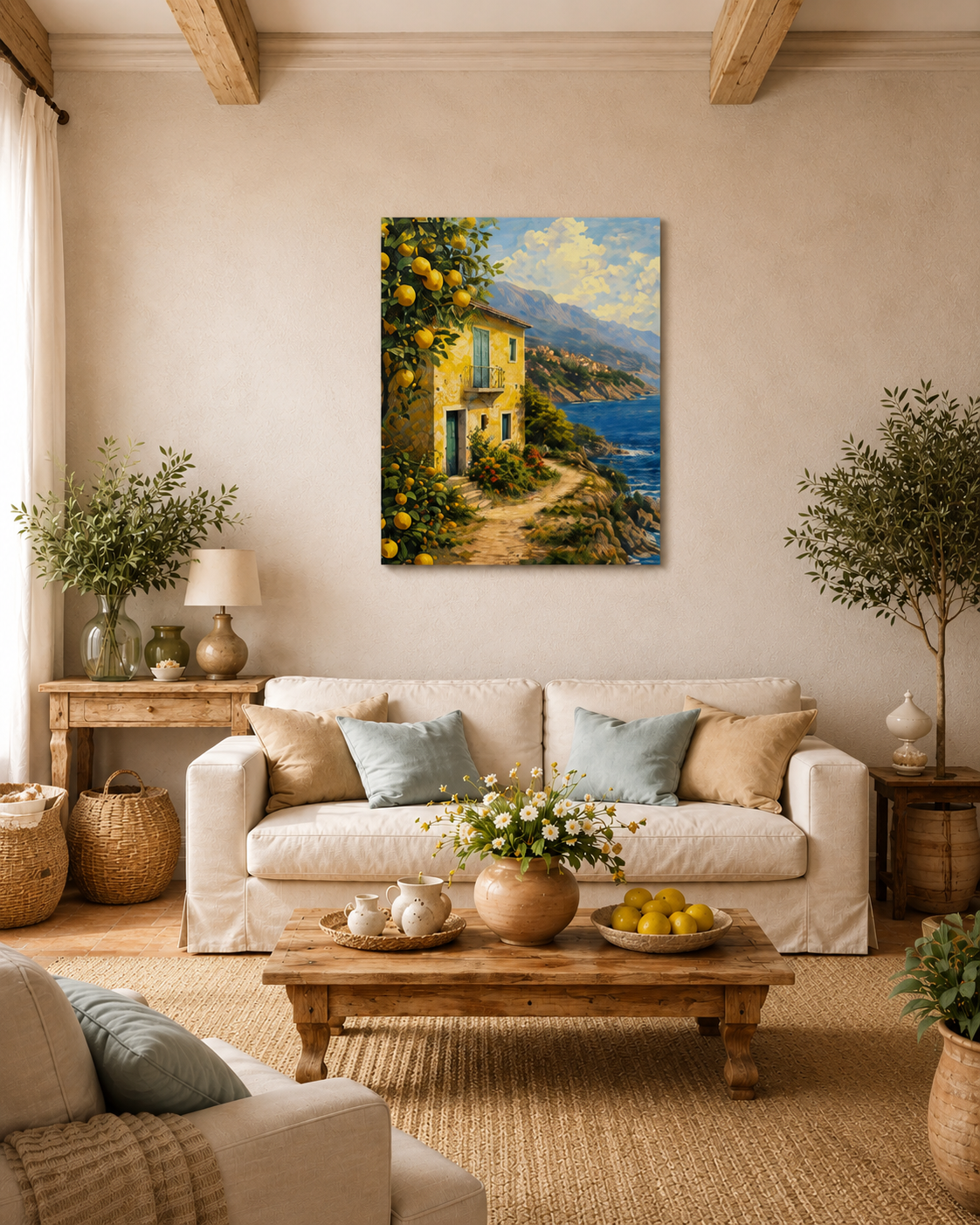 Mediterranean living room mockup with Italy Seaside Retreat canvas wall art above beige sofa in bright coastal interior with rustic wood furniture and olive decor
