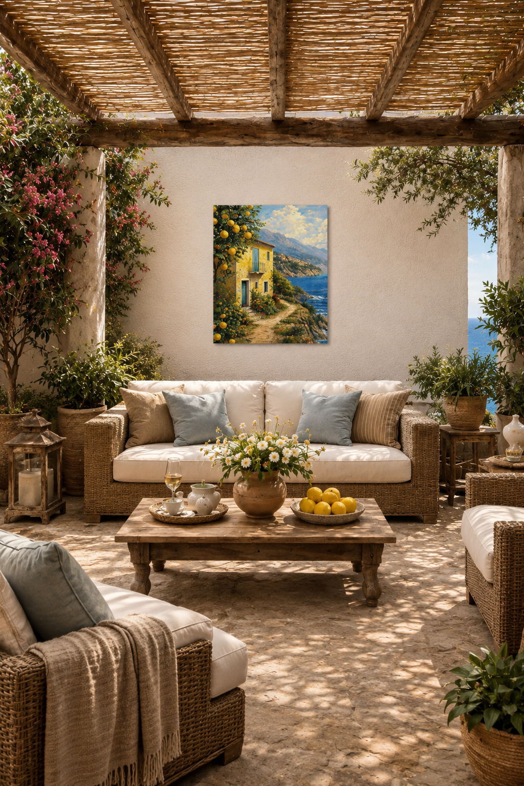 Mediterranean pergola patio mockup with Italy Seaside Retreat canvas wall art in sunlit outdoor lounge with wicker furniture and coastal styling