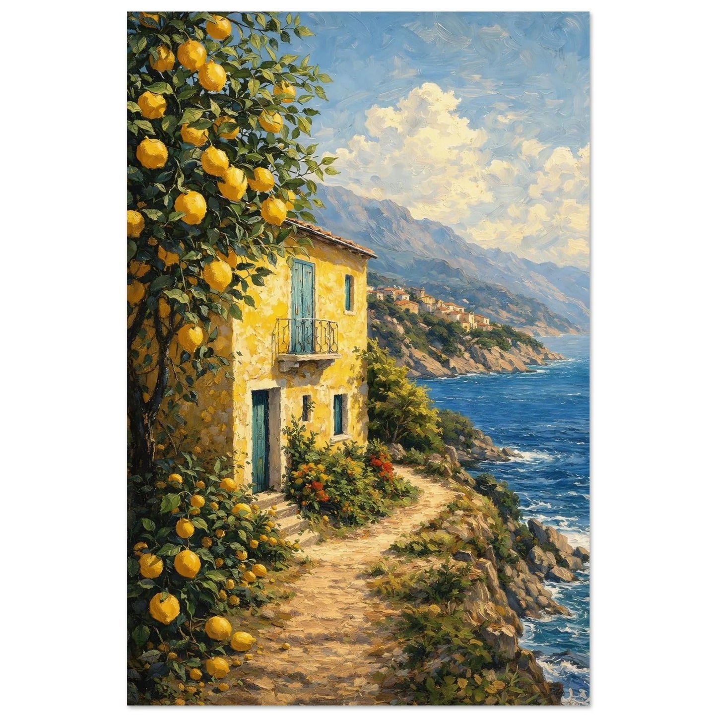Italy Seaside Retreat coastal village wall art poster with a lemon branch, sunlit stone wall, blue Mediterranean sea and mountains