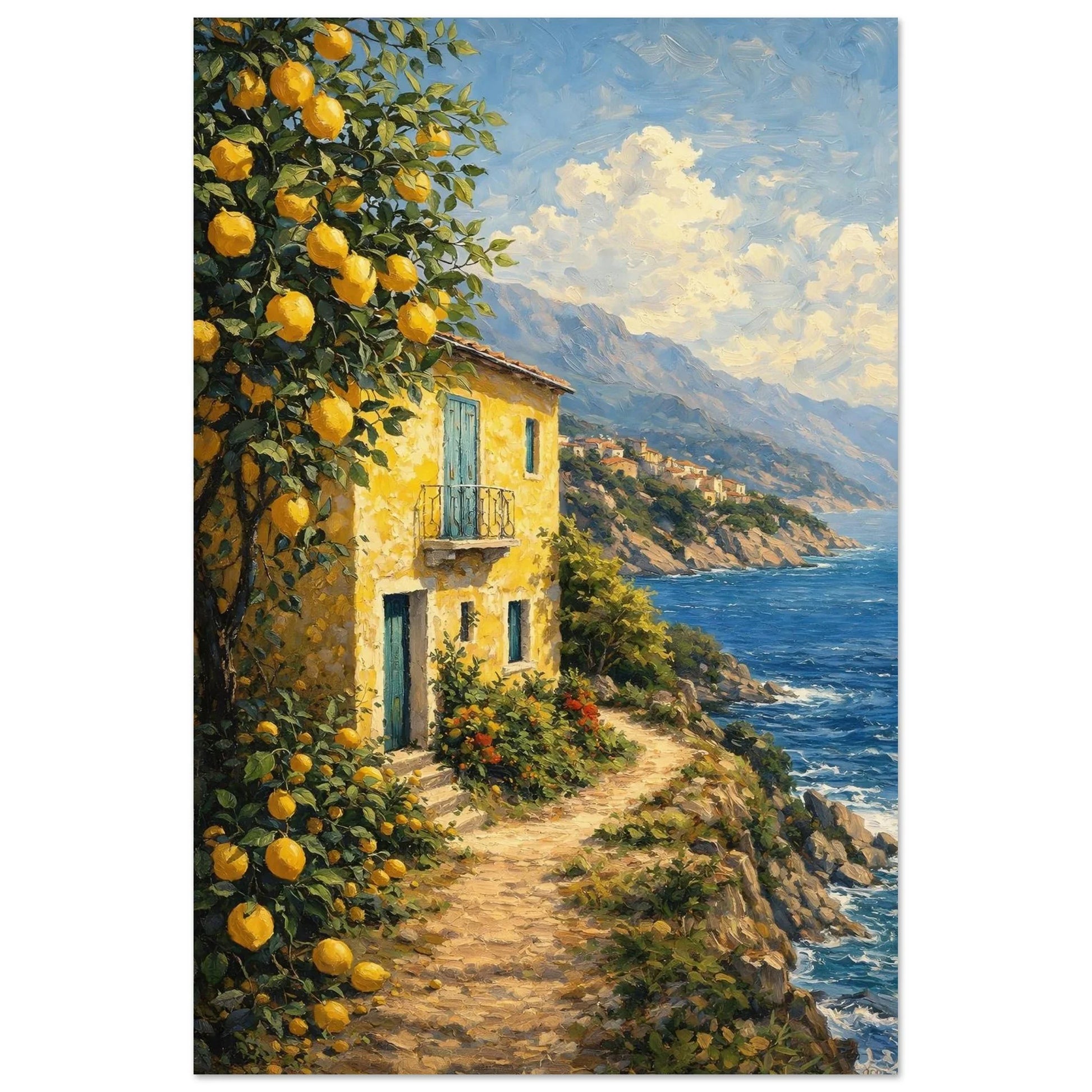 Italy Seaside Retreat coastal village wall art poster with a lemon branch, sunlit stone wall, blue Mediterranean sea and mountains